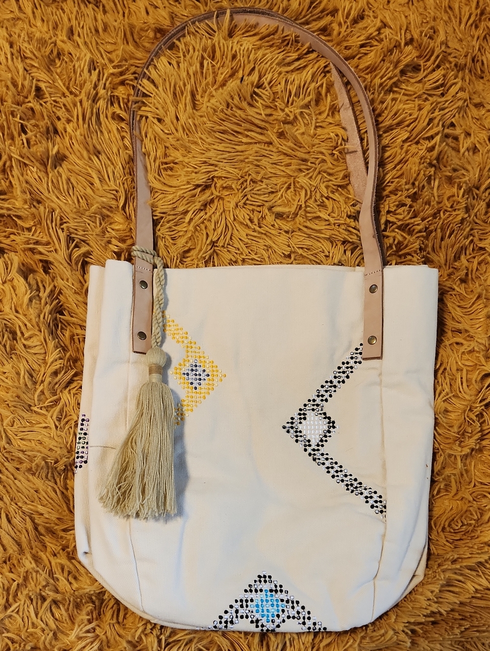 Coldwater Creek Cream Canvas Tote with Tassel & Geometric Embroidery